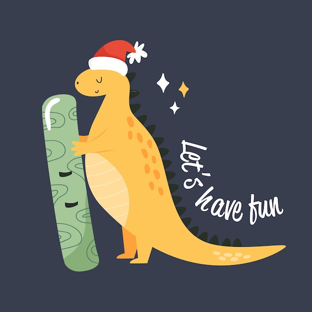 Funny stegosaurus dinosaur with snowboard and text LETS HAVE FUN Character design for Winter Christmas card or print