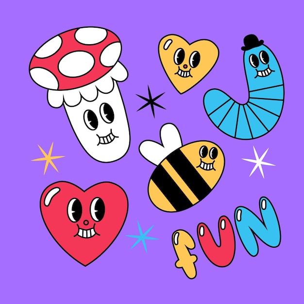 Funny sticker pack of retro cartoon characters Vector comic heart mushroom bee worm on violet ba