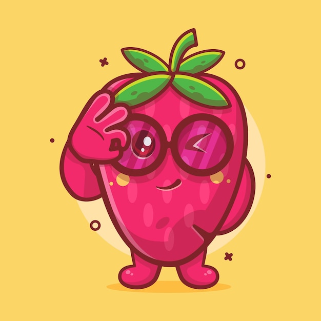 funny strawberry fruit character mascot with ok sign hand gesture isolated cartoon