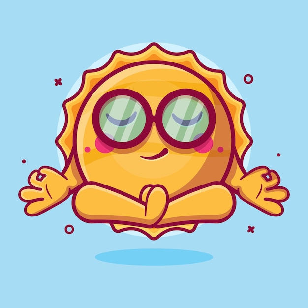 funny sun character mascot with yoga meditation pose isolated cartoon in flat style design