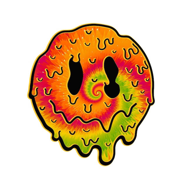 Funny tie dye psychedelic surreal melt smile faceVector tiedye cartoon character illustration logoSmile yellow groovy face tie dye meltacidtechnotrippy print for tshirtpostercard concept