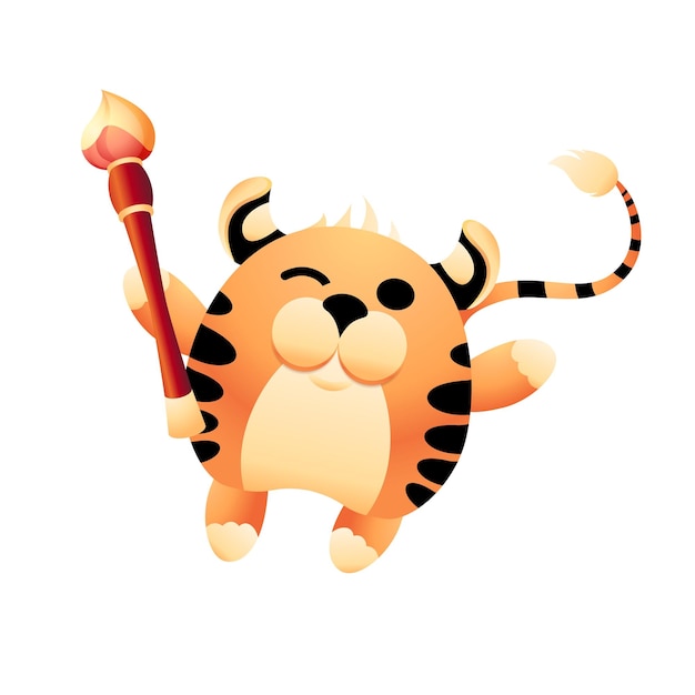 Funny tiger for calendar of Chinese new year Cute tiger is dancing with brush Happy zodiac character