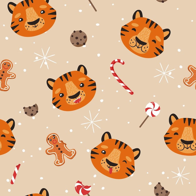 Funny tiger. Christmas background. Seamless pattern