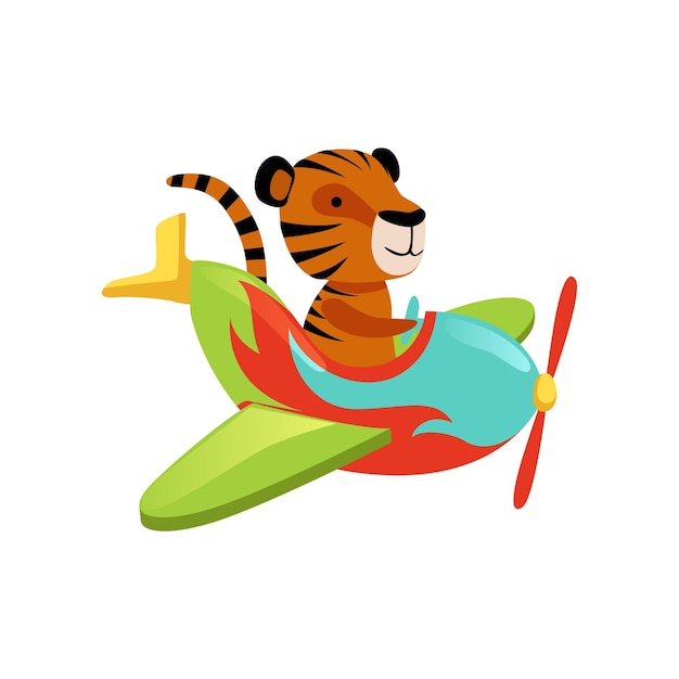 Funny tiger flying on multicolored airplane cartoon orange wild animal with black stripes flat