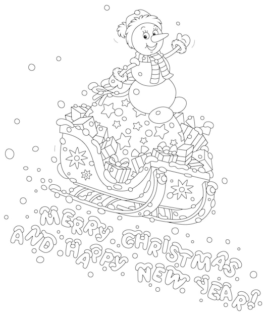 Funny toy snowman on a large bag of holiday gifts sledding down a snow hill and waving in greeting