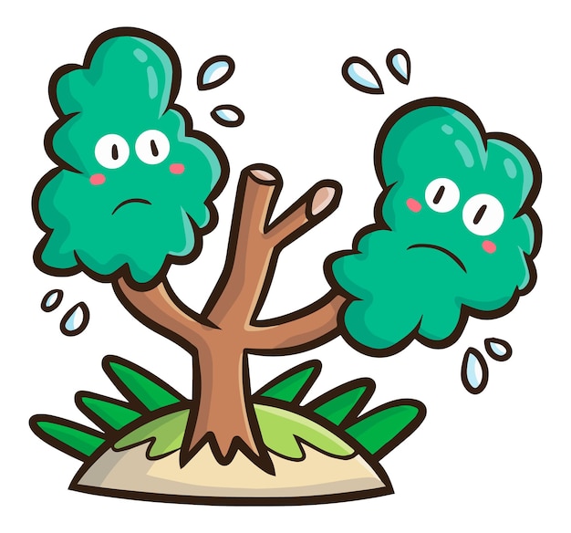 Vector funny tree cartoon character with sad expression