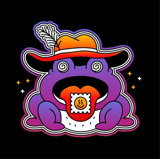 Funny trippy psychedelic frog with acid lsd mark on tongue Vector hand drawn line cartoon character illustration Trippy psychedelic frogtoad print for tshirt posterstickercovercard concept