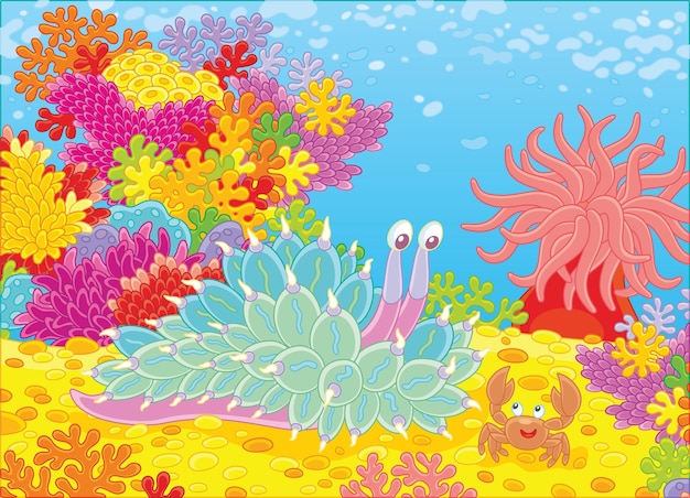 Funny tropical mollusc and a friendly smiling crab on a colorful coral reef