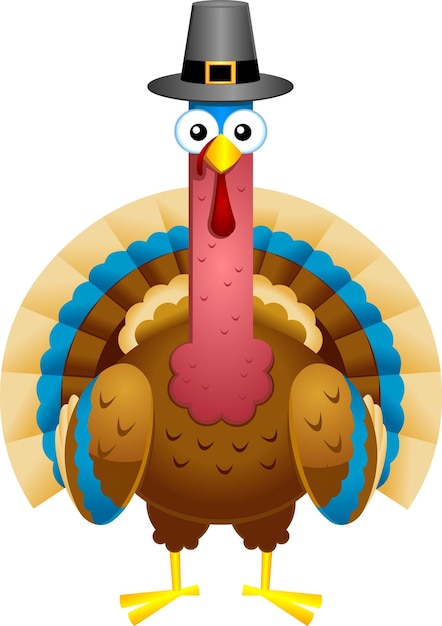 Funny Turkey Cartoon Character With Pilgrim Hat. Vector Illustration Flat Design