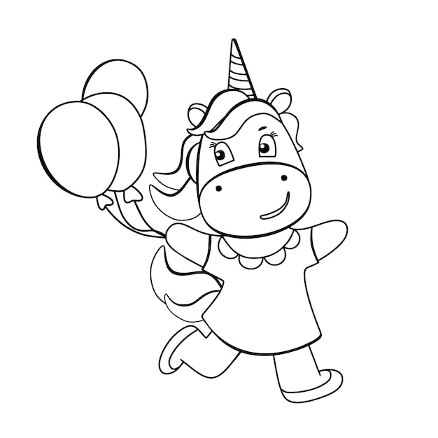 Funny unicorn with balloons coloring book Cute cartoon pony character in black and white style