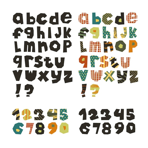 Funny vector cut out letters and numbers Collage alphabet ABC with colorful patterns and ornamen