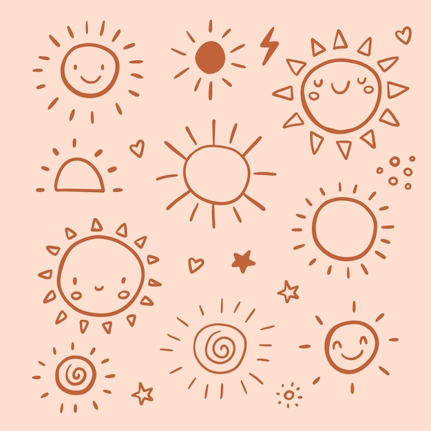 Funny vector doodle suns hand drawn set