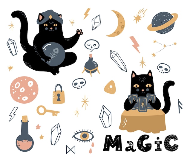 Funny vector magic set Witchcraft and occultism symbols black cat skull Ouija board etc