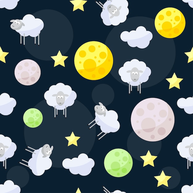 Funny vector seamless pattern background with clouds, stars, bright planets and cute sheep on the dark cover in open space