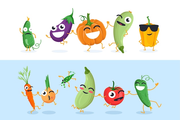 Funny vegetable characters - set of vector isolated illustrations on white and blue background. Cute cucumber, eggplant, pumpkin, onion, tomato, peas. High quality collection of cartoon emoticons