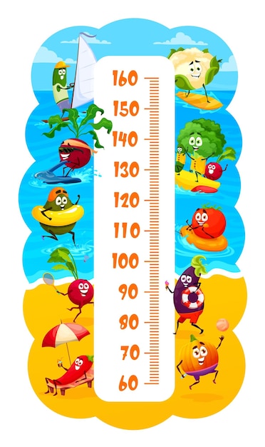 Funny vegetables on summer beach kids height chart vector growth measure Meter scale or baby height ruler with cauliflower on surfboard radish tomato swimming on sea waves and bean on windsurfing