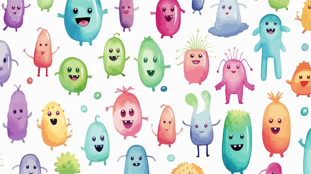 Vector funny watercolor bacterial characters seamless background