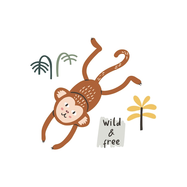 Funny wild and free monkey jumping Vector character in cartoon handdrawn style Card poster composition design Kids illustration with tropical plants isolated on white background