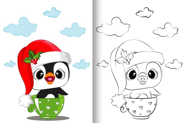 Funny winter penguin for coloring book. Line art design for kids coloring page