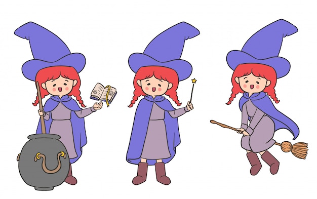 Funny Witch Character Hand Drawn set