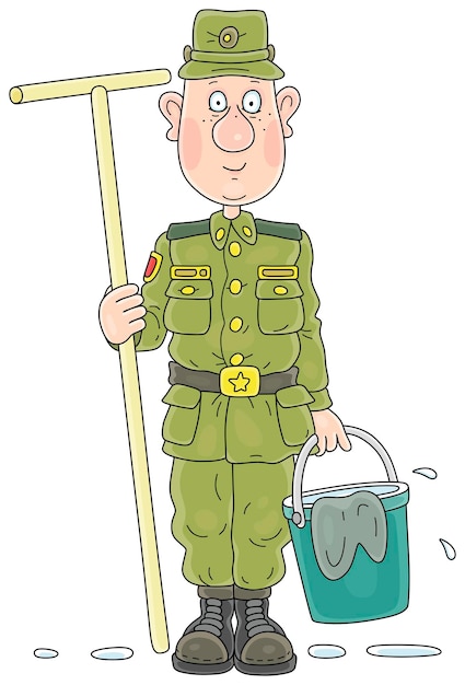 Funny young orderly soldier with a mop a bucket and a floorcloth for cleaning an army barrack