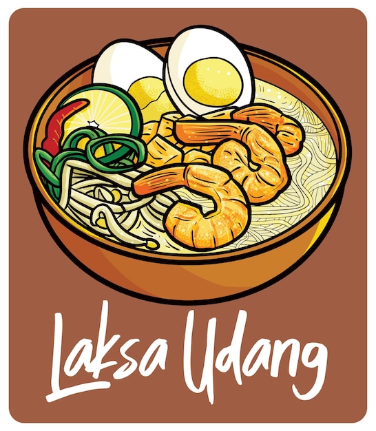 Funny yummy Laksa Udang an Indonesian dish in cartoo style