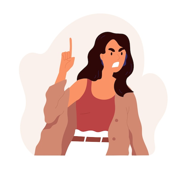 Furious angry woman shouting and screaming with rage. Annoyed female character with aggressive face expression scolding and yelling. Colored flat vector illustration isolated on white background.