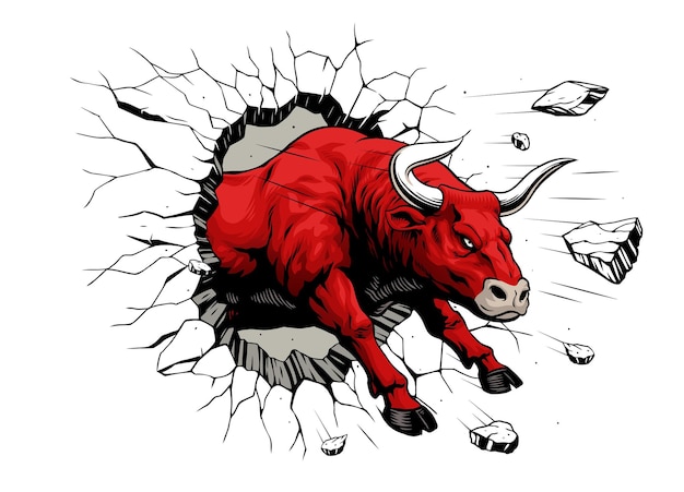 Furious Bull Smashing Through A Wall Hand Drawn Illustration