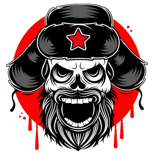 The furious evil muzzle of a terrible Russian skull in an earflap hat with an open mouth and terrible teeth as a symbol of strength and aggressiveness Terrorism