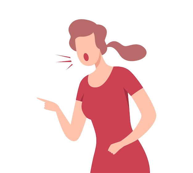 Furious woman character in red dress yelling pointing with her finger flat vector illustration