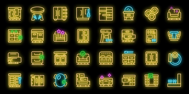 Furniture assembly icons set outline vector Bed production Manual screw neon color on black