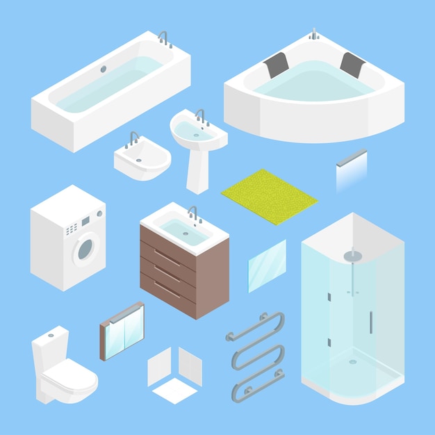 Furniture Bathroom Interior Element Set for Apartment Shop or Hotel Isometric View Include of Cabine Dryer and Toilet Vector illustration