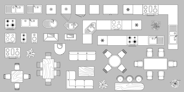 Furniture elements top view for kitchen dining room house apartment office Vector interior icon