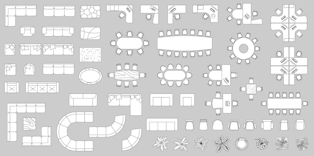 Furniture elements top view for plan of office house apartment workspace Vector set of objects Collection of Interior icon Kit with Table chair sofa plant Symbol for interior design project