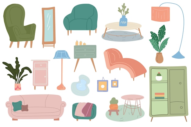 Vector furniture and flowers set in cartoon style set of stylish furniture illustrations in a colorful