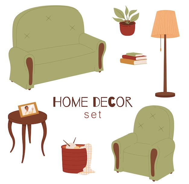 Furniture and home accessories Set of design elements Colorful flat vector illustration isolated on a white background