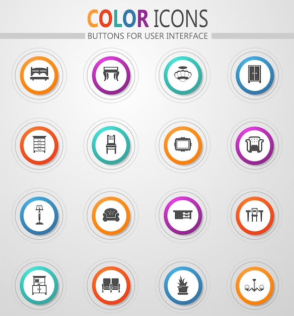 Furniture icons on round white buttons with color strokes