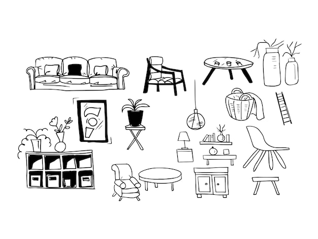 Furniture interior boho hugo style scandinavian doodle sketch isolated elements on a white