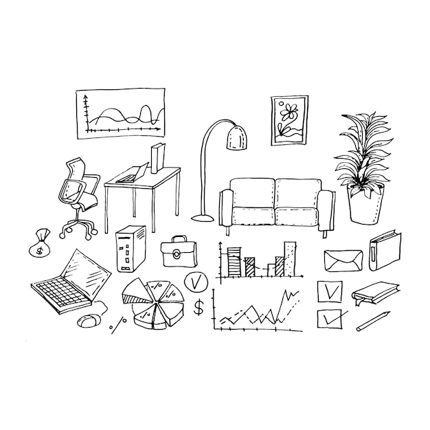 Furniture interior boho hugo style scandinavian doodle sketch isolated elements on a white