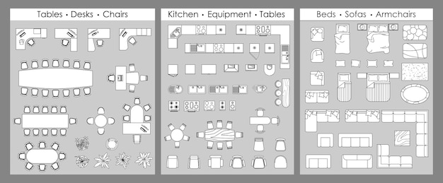 Furniture outline top view Set of isolated linear icons for interior Vector objects and elements for office apartments living room bedroom kitchen bathroom Bed sofa table Floor plan