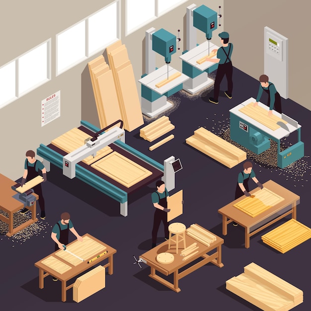 Furniture production isometric composition with production of wooden goods in the factory in the workshop illustration