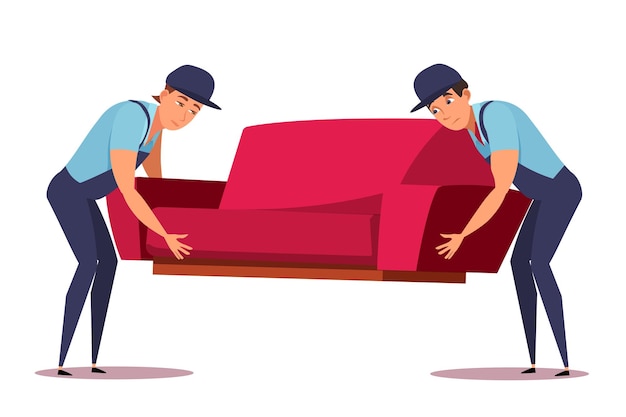 Vector furniture shipping illustration exhausted delivery men carrying sofa cartoon characters two tired workers in uniform holding couch moving company service freight transportation