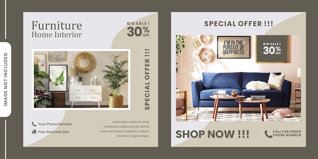 Furniture social media template. interior design post ad. big sale furniture ad.