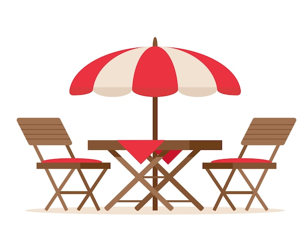 Furniture for summer patio holiday Restaurant or cafe wooden table with chairs and beach umbrella