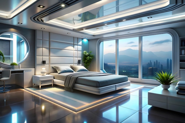 Vector future bedroom with king size bed line lights led large windows and high ceiling 3d rendering