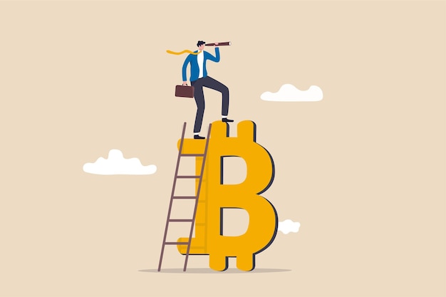 Future of bitcoin and cryptocurrency, investment opportunity or alternative financial asset concept, businessman investor climb up ladder on top of Bitcoin using spyglass telescope to see opportunity.