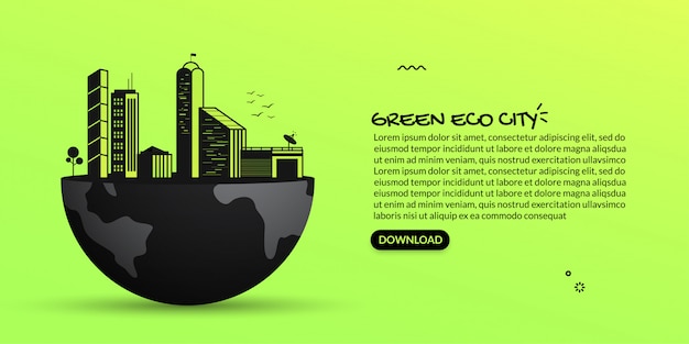 Future eco green city on earth, illustration of dark cityscape on green background