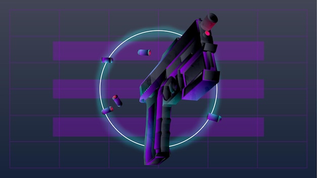 Vector future gun in retrofoturism style 3d colorful vector illustration cyberpunk weapon in neon lights