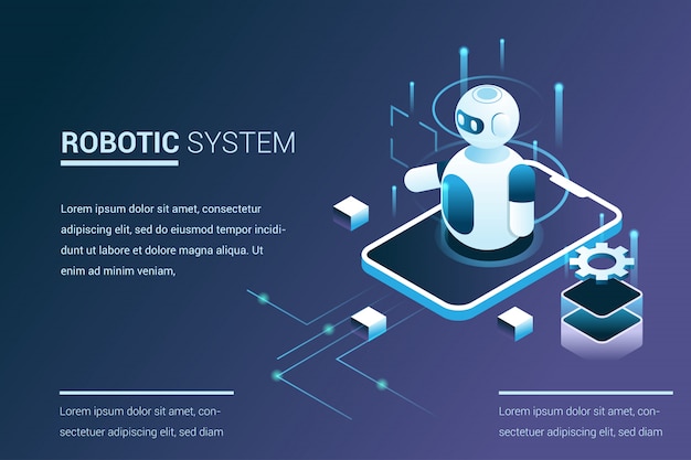 Future system automation with robot capabilities in 3d isometric  style