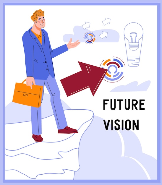 Future vision of opportunities chances and achievement of goals Looking to future plans to achieve success and pinnacle of career flat vector illustration for banner for website